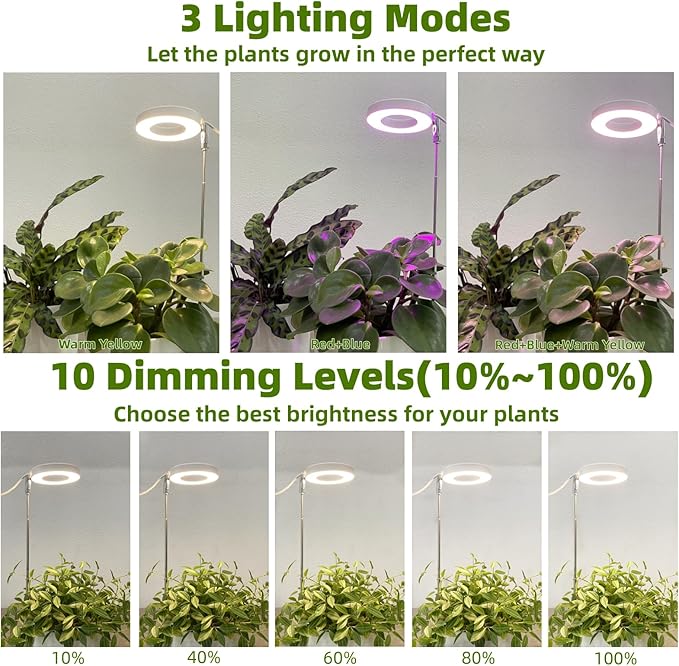 LED Grow Light for Indoor Plants, Full Spectrum led Grow Light,Mini Halo Grow Lights for Small Plants,Height Adjustable Growing Lamp,3 Modes,3/9/12h Automatic Timer,10 Dimmable Brightness