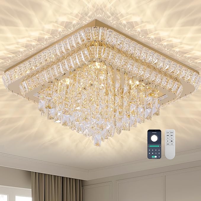 COCOSTAR Crystal Chandeliers, Modern Led Luxury Chandelier, 34" Suqare Flush Mount Chandelier Ceiling Light, Raindrop Chandeliers for Dining Room, Living Room, Bedroom, Gold