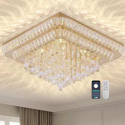 COCOSTAR Crystal Chandeliers, Modern Led Luxury Chandelier, 34" Suqare Flush Mount Chandelier Ceiling Light, Raindrop Chandeliers for Dining Room, Living Room, Bedroom, Gold