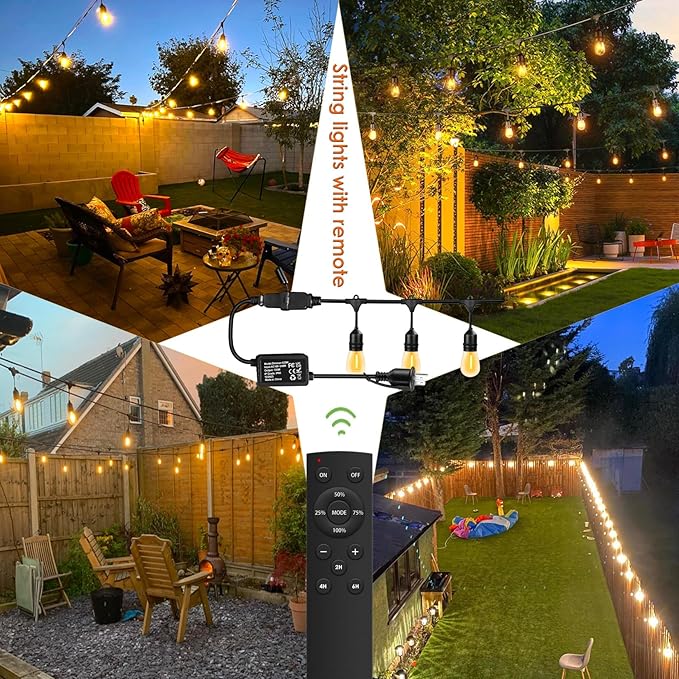 100FT String Lights for Outside with 30+2 Bulbs, Remote & Dimmer, Patio String Lights with 3 Light Modes & Timer, IP65 Waterproof,2200K Outdoor Lights for Patio Backyard Gazebo Pergola Café