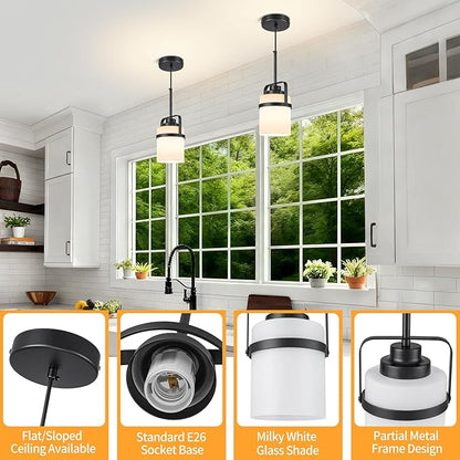 Modern Black Pendant Lights Kitchen Island Light, Adjustable Hanging Light Fixture with Milk Glass Shade, Farmhouse Pendant Light for Dining Room Bar Over Sink/Table/Counter, 2 Pack