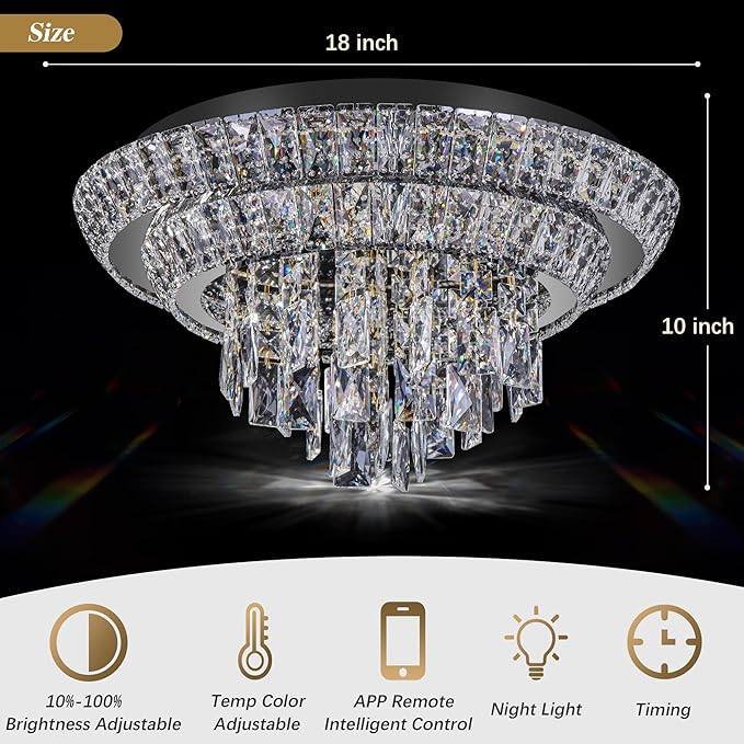 18 inch Crystal Flush Mount Black Chandelier, Modern Raindrop LED Ceiling Light, 3CCT Dimmable & Brightness Adjustable,Remote/APP ,Elegant Chandeliers for Bedroom Hallway Dinning Room Living Room