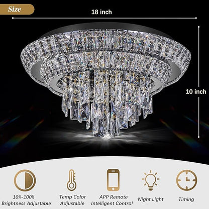18 inch Crystal Flush Mount Black Chandelier, Modern Raindrop LED Ceiling Light, 3CCT Dimmable & Brightness Adjustable,Remote/APP ,Elegant Chandeliers for Bedroom Hallway Dinning Room Living Room