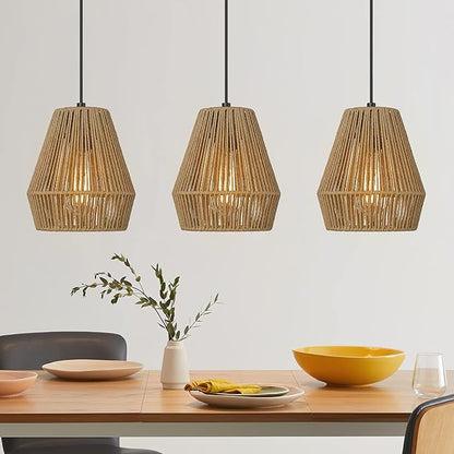 ELYONA 3 Pack Woven Pendant Lights, 7” Modern Boho Hanging Lamp with Handwoven Woven Rattan Shade, Adjustable Farmhouse Coastal Pendant Light Fixtures for Kitchen Island,Dining Room,Bar, Foyer Hallway