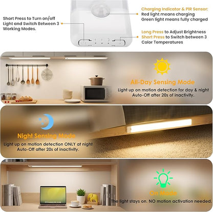 5-Pack Motion Sensor Under Cabinet Light, 3 Color Temperature Dimmable Rechargeable Magnetic Closet Light 15.7 inch Wireless Under Counter Light