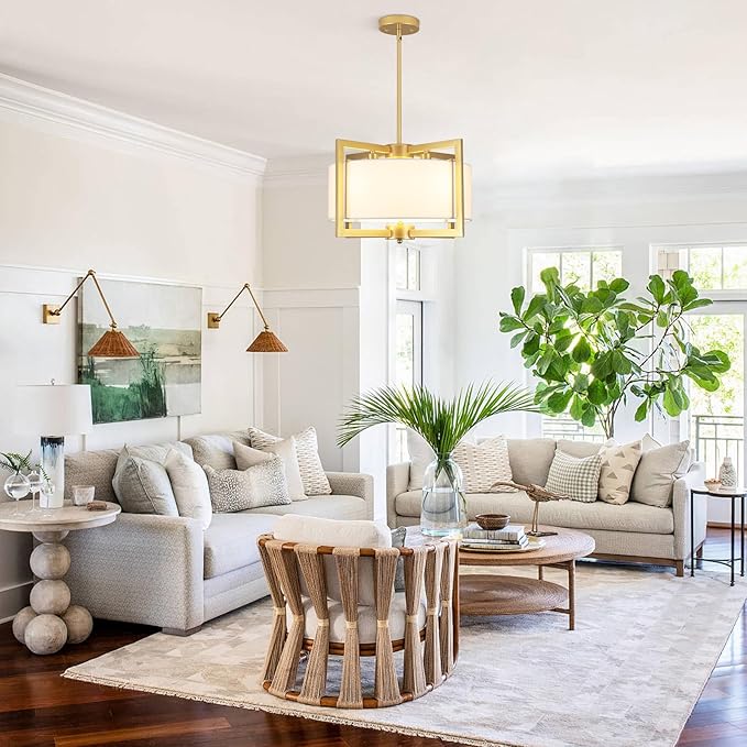 4-Light Modern Chandelier for Dining Room, 18'' Drum Pendant Light Fixture Chandelier with Fabric Shade, Farmhouse Chandeliers Hanging Lighting Fixtures for Foyer Entryway Living Room, Gold