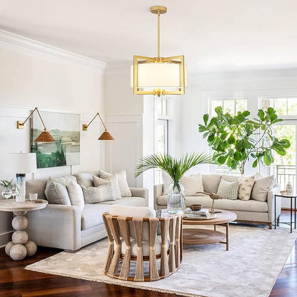 4-Light Modern Chandelier for Dining Room, 18'' Drum Pendant Light Fixture Chandelier with Fabric Shade, Farmhouse Chandeliers Hanging Lighting Fixtures for Foyer Entryway Living Room, Gold