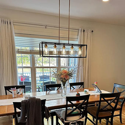 MELUCEE Black Chandeliers Rectangle 5 Lights Dining Room Lighting Fixtures Hanging Over Table, Kitchen Island Lighting Linear Pendant Light Ceiling with Clear Glass Shade and Brushed Brass Socket