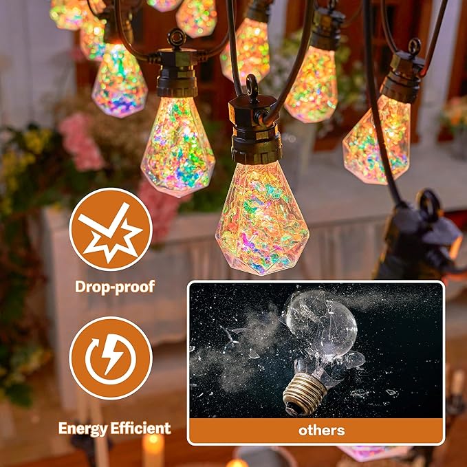 Outdoor String Lights, 66FT 27 LED Iridescent Holographic Bulbs, Waterproof Patio Lights with Remote Control, Shatterproof Connectable Lights for Backyard, Porch, Garden, and Party