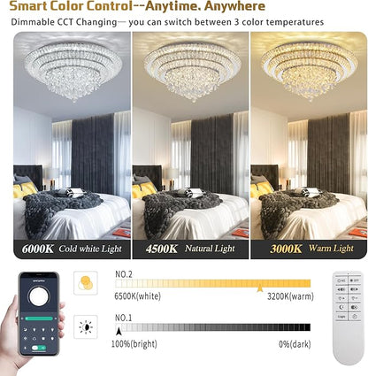 30 inch Crystal Silver Ceiling-Light Flush Mount With Remote Control and APP, 3CCT Dimmable & Brightness Adjustable, Modern Crystal Raindrop Chandeliers for Bedroom Hallway Dinning Room Living Room