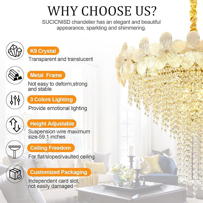 Gold Crystal Chandelier, 23.6" Luxury Flower Round Contemporary Chandeliers, 9-Light Adjustable Height Ceiling Fixture Elegant Modern Chandelier for Dining Room, Living Room, Staircase