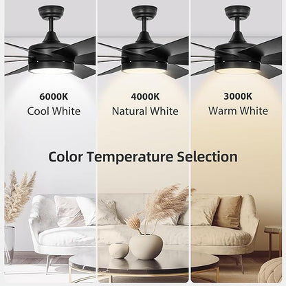 DWVO 60 Inch Black Ceiling Fan with Light and Remote, DC Fanlight for Indoor Outdoor, Modern Ceiling Fan with Reversible 6 Speeds, 3 Color Temperatures, Memory Function, Quiet Motor