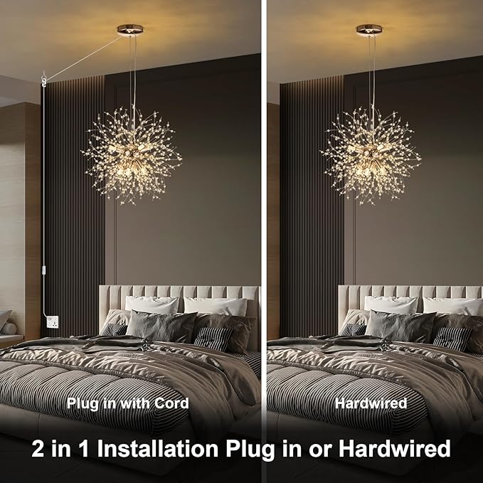 SineRise Modern Crystal Chandeliers Firework, Crystal Light Fixture, Dandelion Chandelier (8-Light, Gold) for Foyer Hallway Entryway Kitchen Bedroom with Plug in