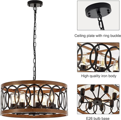 8-Light Farmhouse Drum Pendant Light,19.68'' Nature Wood Texture Vintage Rustic Chandeliers Black Metal Industrial Hanging Light Fixtures for Entryway, Bedroom Dining Room