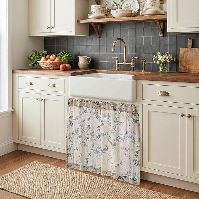jinchan Floral Kitchen Curtains 30 Inch Linen Tier Curtains Farmhouse Cafe Half Window Drapes Over Sink Light Filtering Blue on Beige for Living Room Laundry RV Rod Pocket 2 Panels