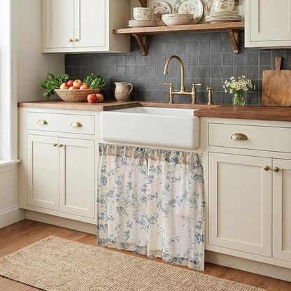 jinchan Floral Kitchen Curtains 30 Inch Linen Tier Curtains Farmhouse Cafe Half Window Drapes Over Sink Light Filtering Blue on Beige for Living Room Laundry RV Rod Pocket 2 Panels