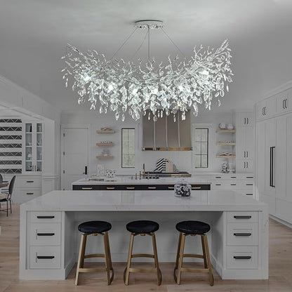 Rectangle Crystal Tree Branch Chandelier, L40'' Modern Luxury Chrome Linear Art Deco Raindrop Pendant Lighting Fixture for Kitchen Island Foyer Living Room Dining Room 10 Lights