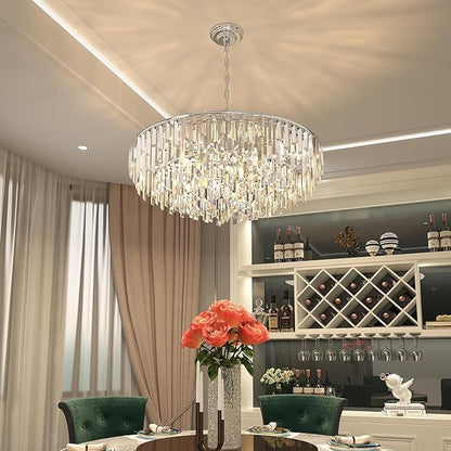 Modern Crystal Chandelier Chrome, 32" Round Luxury Top K9 Crystal Chandeliers 6-Tier 13 Lights Large Adjustable Height Ceiling Hanging Pendant Light Fixture for Living Room Bedroom Foyer