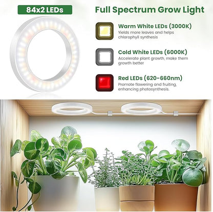 Kullsinss 6" Ceiling Grow Lights for Indoor Plants, 168 LEDs Full Spectrum Grow Light, Halo Under Cabinet Plant Growing Lamp with 6/12/16H Auto Timer, 3 Spectrum Modes, 5 Brightness Levels (2-Head)