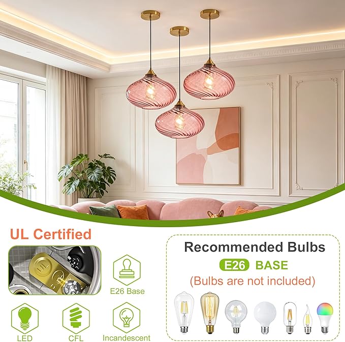 Glass Pendant Lights Kitchen Island, 11'' Brass Gold Pendant Lighting Fixtures, Modern Hanging Ceiling Light with Striped Purple Pink Glass Shade for Farmhouse Dining Room Bedroom Hallway(1 Pack)