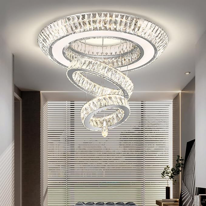 D32 Inch Modern Large Ring Crystal Chandelier Modern Luxury Ceiling Lights Fixture for Dining Living Room 3-Tier Raindrop Chandeliers Lighting LED 3000-6000K Infinity Dimmable