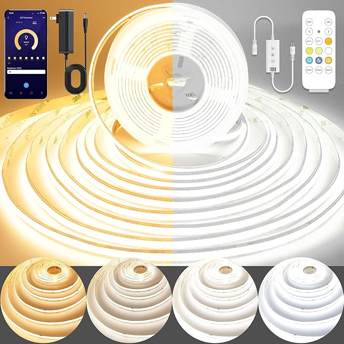 Pandery COB LED Strip Light,CCT Dimmable Strips Light,2700K-6500K,16.4ft/5m,8mm Wide,CRI90+ 24V LED Strips Kit with Bluetooth APP Control/Music Mode,for Bedroom,Kitchen,DIY Lighting