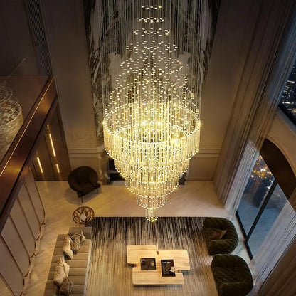 Flashing God D40 x H110 Gold Raindrop Crystal Chandelier LED Dimmable Contemporary Chandelier Large Pendant Light for Entryway Stairway Foyer