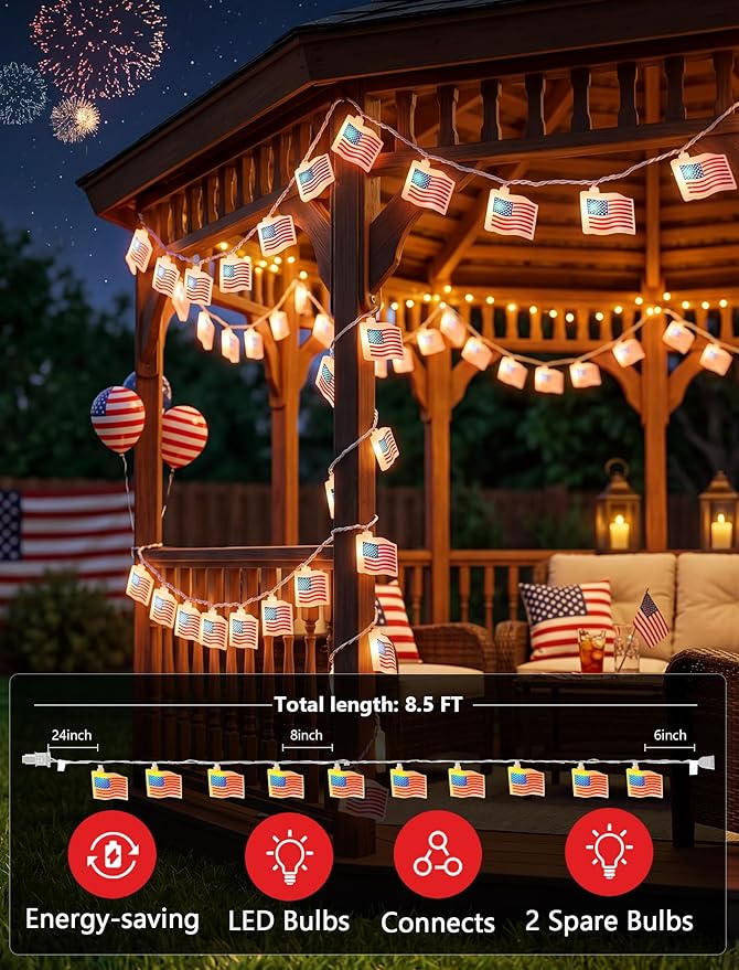 GOOTHY 4th of July Lights 8.5F American Flag String Lights, Patriotic Lights with 10 Mini American Flag Lights, Plug in 4th of July Decorations Lights for Indoor Independence Day Party Memorial Day