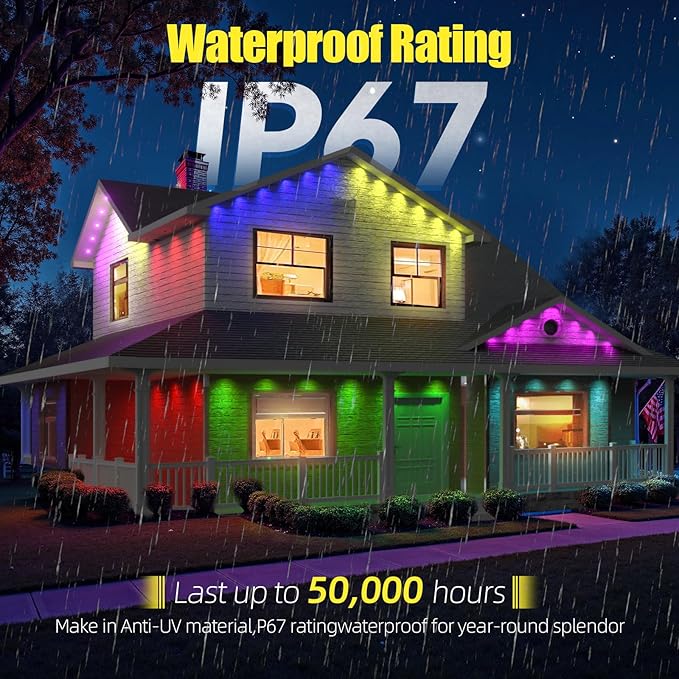 Permanent Outdoor Lights for House, 300ft RGB+IC Smart LED Eaves Lights, IP67 Waterproof Outdoor Lighting with App/Remote Control for Christmas, New Year, Halloween, Holiday, Party, Daily