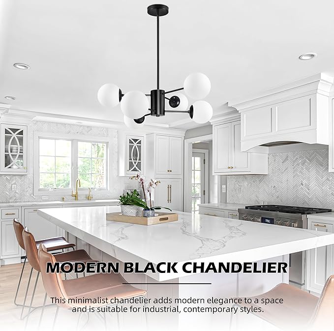Bagood 6-Light Sputnik Chandelier Black Sputnik Chandeliers Modern Mid Century Globe Pendant Light Matte Black Finished with White Frosted Globe Glass Lampshade for Dining Room Bedroom Kitchen
