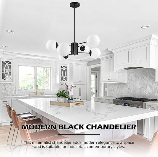 Bagood 6-Light Sputnik Chandelier Black Sputnik Chandeliers Modern Mid Century Globe Pendant Light Matte Black Finished with White Frosted Globe Glass Lampshade for Dining Room Bedroom Kitchen