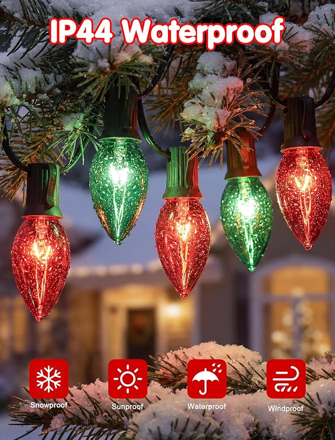 C9 Vintage Christmas String Lights, 25Ft Red & Green with 26 C9 Bulbs, Outdoor Hanging Patio Lights for Christmas Tree, Path, Roofline, Wedding Party Decoration