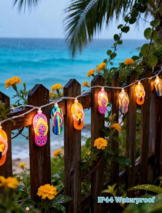 8.5Ft Summer Beach Themed Lights, 10L LED Flips Flops String Lights Plug in for Indoor and Outdoor Holiday Summer, Luau Aloha Hawaiian Tropical Party Décorations