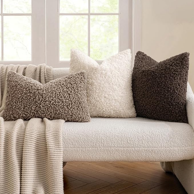 MIULEE Pack of 2 Throw Pillow Covers 18x18 Inch Neutral Khaki Faux Fur Decorative Sherpa Pillow Covers Fuzzy Accent Soft Sheepskin Fleece Cushion Cases for Boho Home Decor Couch Living Room Bed