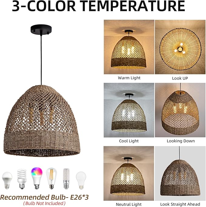 3-Lights Large Rattan Pendant Light Fixtures, 17" Rattan Chandelier Boho Hand Woven Wicker Basket Chandelier for Farmhouses Kitchen Living Room Bedroom Dining Room Foyer