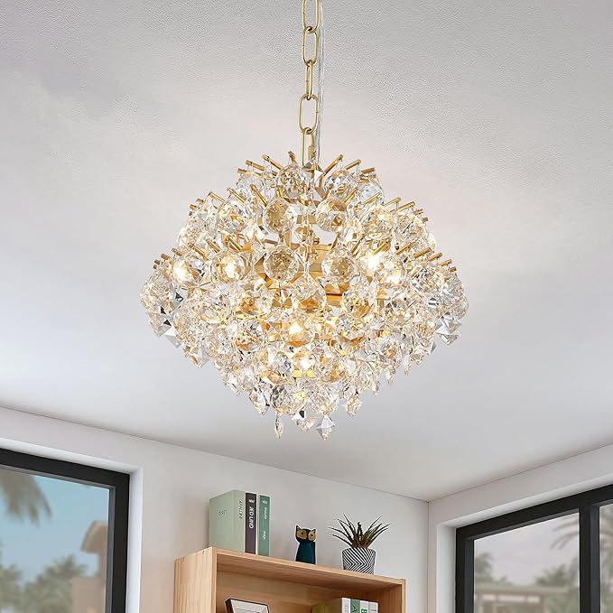 Bestier Gold Modern Pendant Chandelier Crystal Raindrop Lighting Ceiling Light Fixture Lamp for Dining Room Bathroom Bedroom Livingroom 4 G9 Bulbs Required D11 in x H12 in
