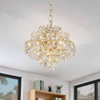 Bestier Gold Modern Pendant Chandelier Crystal Raindrop Lighting Ceiling Light Fixture Lamp for Dining Room Bathroom Bedroom Livingroom 4 G9 Bulbs Required D11 in x H12 in