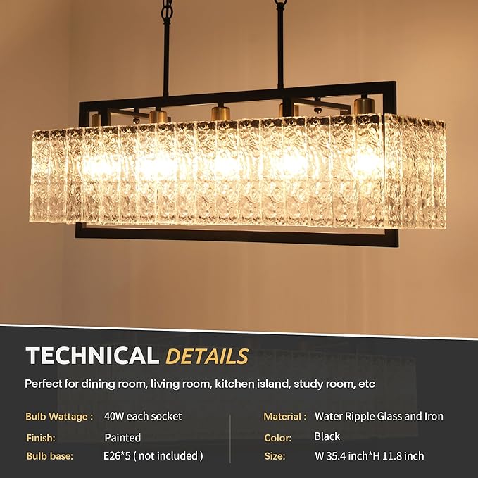 Black Crystal Chandeliers for Dining Room, 35.4" Modern Chandelier for Living Room,Water Ripple Glass Design, Adjustable Height, Rectangle Hanging Light Fixture for Living Room Kitchen Island