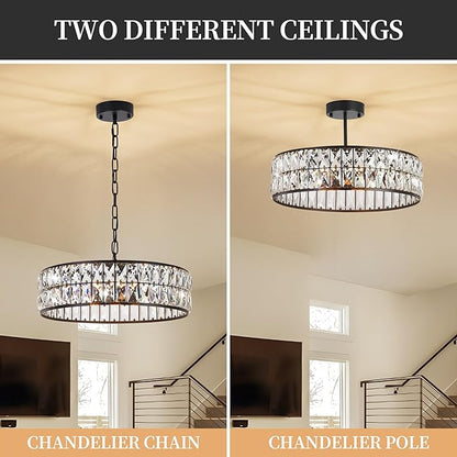 Modern Elegant 6-Light Black Crystal Chandelier, 18-Inch Oversized Round Semi Flush Mount Ceiling Light Fixture, Perfect for Enhancing Kitchen Island Ambiance & Stylish Entryway Décor