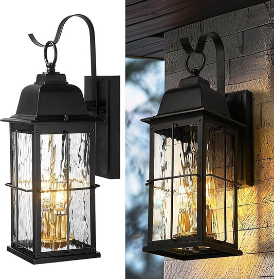 zeyu 17.2 Inch Exterior Black Light Fixture, 2-Light Outside Wall Light for House, Die-Cast Aluminum with Water Ripple Glass, Black and Gold Finish, 20071B2 BK+BG-WP