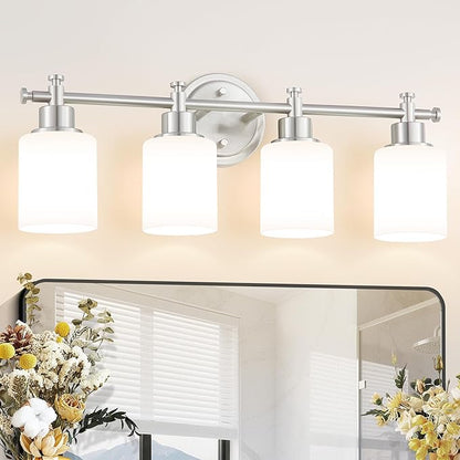4-Light Bathroom Vanity Light, Brushed Nickel Vanity Light Fixture with White Frosted Glass Shades, Modern Anti-Rust Wall Sconce Over Mirror, Bathroom, Hallway (Bulbs Not Included, E26 Base)