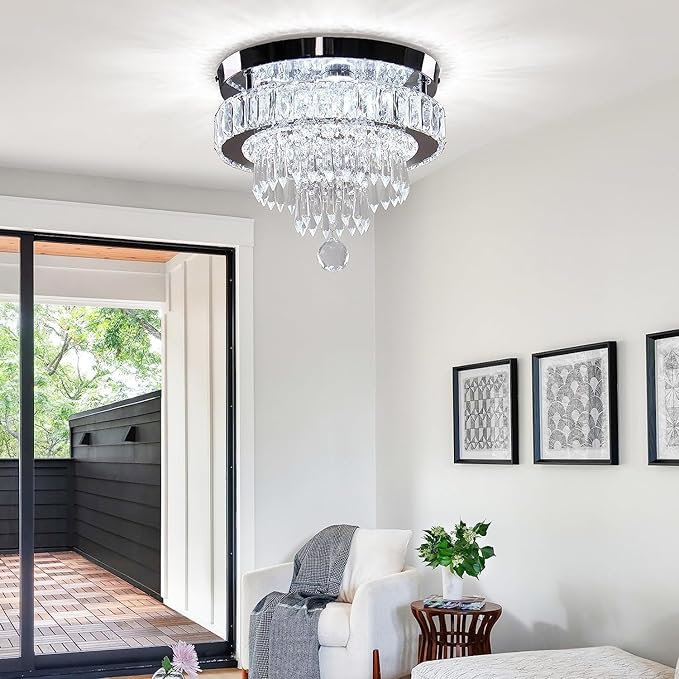 Chandelier 11.8" Modern Crystal Chandeliers Crystal Light Fixtures Flush Mount Chandelier Ceiling Light Chandeliers for Bedrooms Living Room Dining Room Hallway (Cool White)
