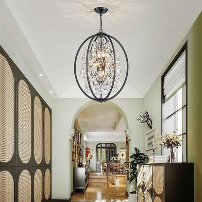 WUZUPS Globe Crystal Chandelier Raindrop Pendant Flushmount Ceiling Light Modern Lighting Fixture for Bedroom Hallway Bar Kitchen Bathroom, H 23.6" x W 19.7", Black, 8 E12 Base