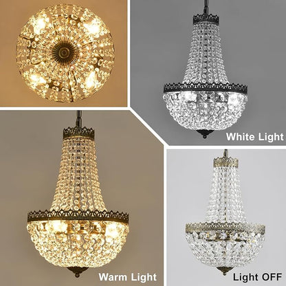 4 Lights French Empire Mini Crystal Chandelier Farmhouse Pendant Lighting,Antique Brass Finish Ceiling Light Fixture for Dining Room Bedroom Foyer Living Room, W12.6 x H19.7