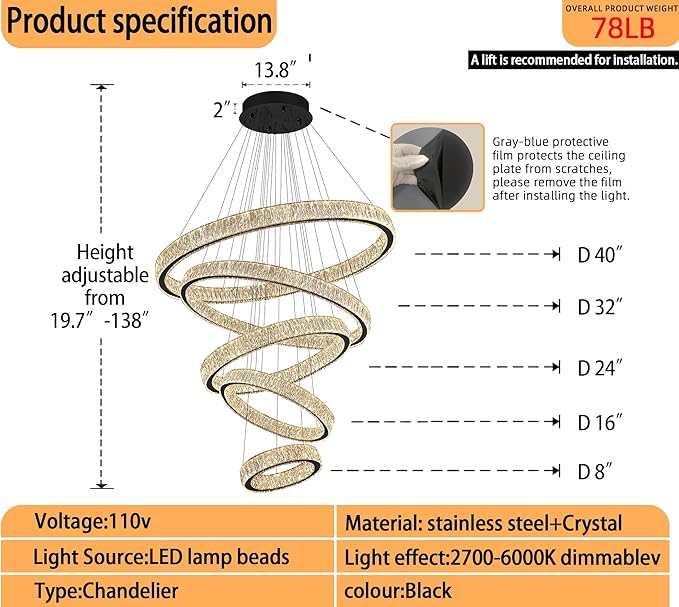 Modern 5 Ring Chandeliers for High Ceiling Foyer,Luxury Dimmable Crystal Ceiling Light Fixtures Staircase Entrance Villa Large Black Chandelier D8''+15.7"+23.6"+31.5"+39.4"