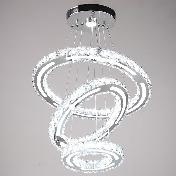 Chandeliers Modern Ceiling LED Fixture 3 Rings Adjustable Crystal Light Fixture Ceiling Hanging Pendant Light for Living Room Dining Bedrooms Hall 180mm Base 153 Crystals（White Light）