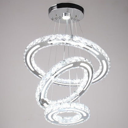 Chandeliers Modern Ceiling LED Fixture 3 Rings Adjustable Crystal Light Fixture Ceiling Hanging Pendant Light for Living Room Dining Bedrooms Hall 180mm Base 153 Crystals（White Light）