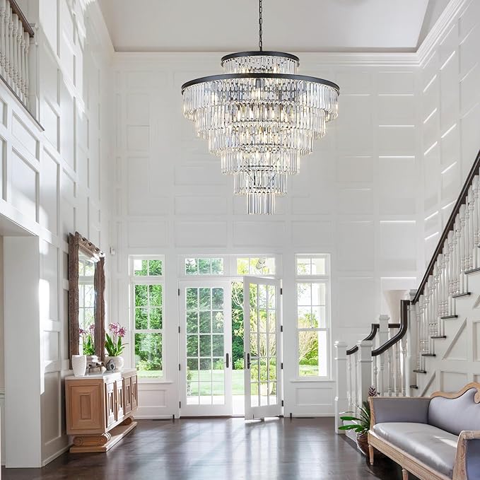 Large 40" Black Crystal Chandelier 28 Lights Modern Round Chandeliers for Staircase Luxury 7-Tier K9 Crystal Ceiling Pendant Light Fixture for High Ceiling Living Room Foyer