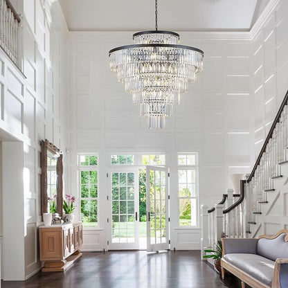 Large 40" Black Crystal Chandelier 28 Lights Modern Round Chandeliers for Staircase Luxury 7-Tier K9 Crystal Ceiling Pendant Light Fixture for High Ceiling Living Room Foyer