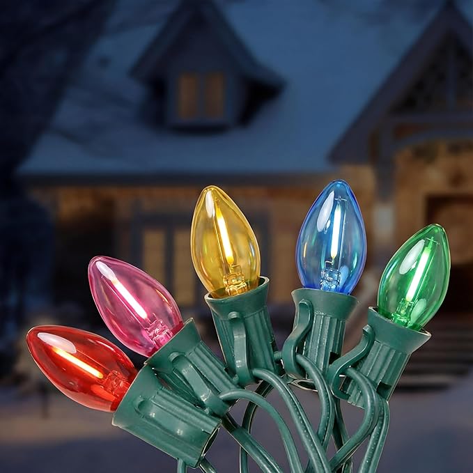 C7 LED Christmas Lights, 25Ft Vintage C7 Christmas Lights with 27 LED Clear Multicolor Bulbs, Hanging Connectable Xmas String Light for Patio Garden Holiday Home Xmas Decor